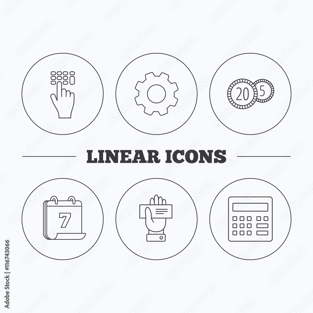 Calculator, coins and cheque icons. Calculator, coins and cheque icons.