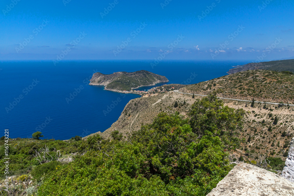 View of Assos village and beautiful sea bay, Kefalonia, Ionian islands, Greece
