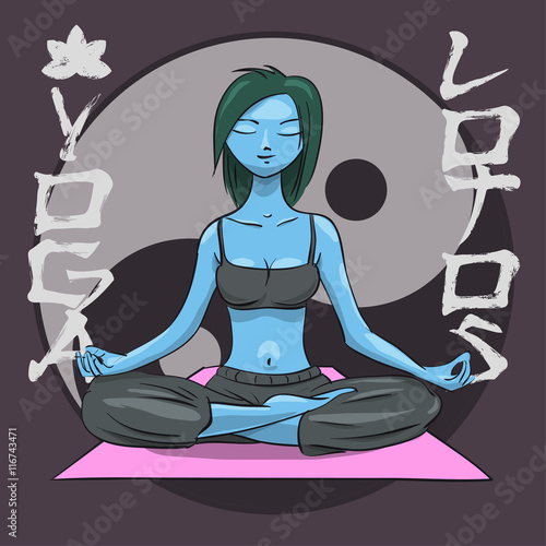 Yoga. Girl in the lotus position. Alien girl. Yin Yang symbol. Vector Illustration photo