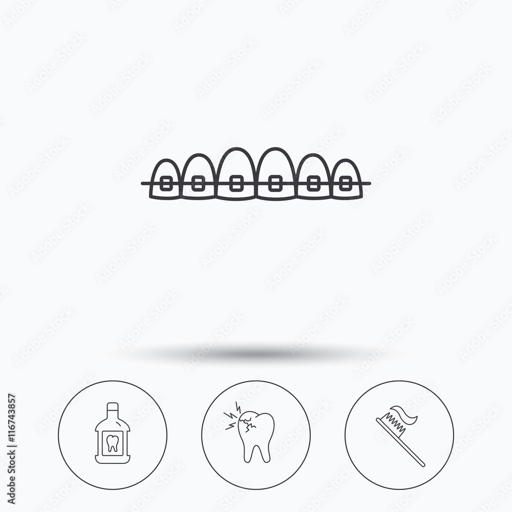 Toothache, dental braces and mouthwash icons. Toothache, dental braces and mouthwash icons.
