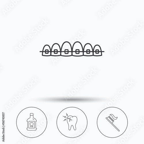 Toothache, dental braces and mouthwash icons.