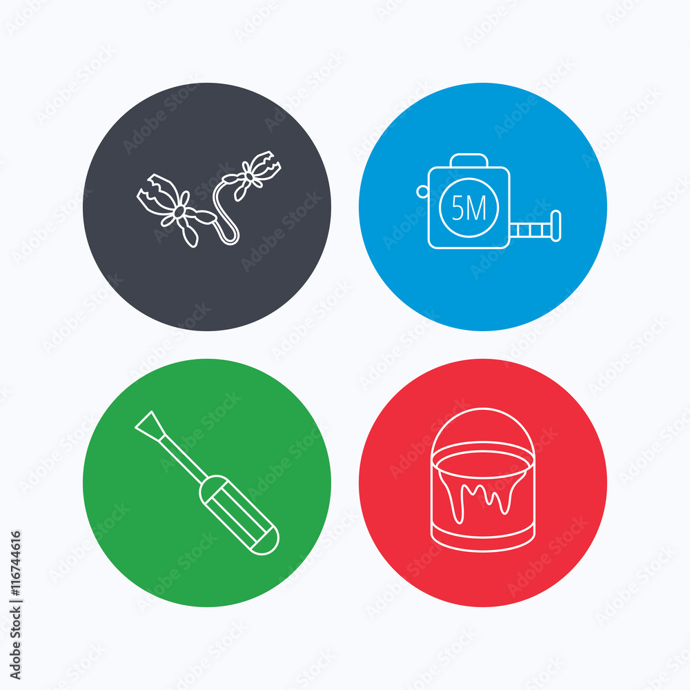 Screwdriver, battery terminal and tape measure icons. Screwdriver, battery terminal and tape measure icons.