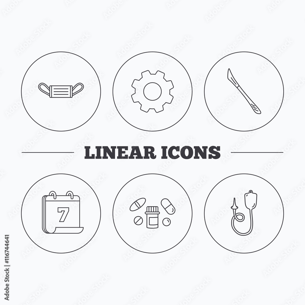 Medical mask, pills and scalpel icons.