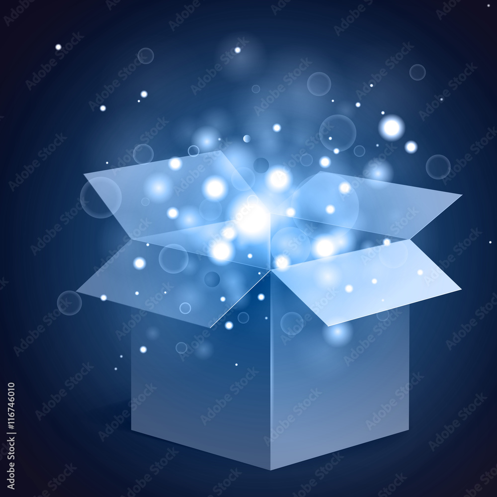 Open magic box, light inside, abstract vector object for you