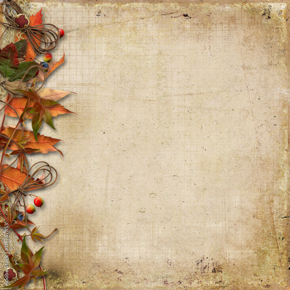 Grunge background with autumn leaves and rowan Grunge background with autumn leaves and rowan