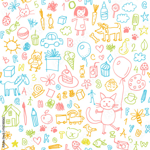 Funny children drawing vector doodle seamless pattern