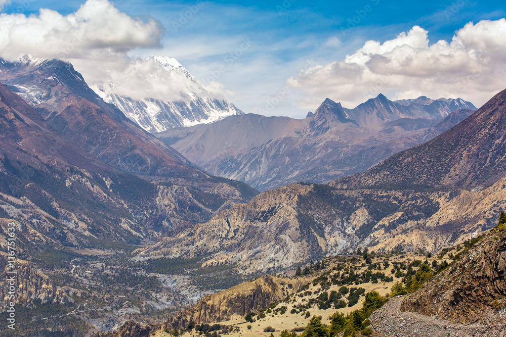 Beautiful mountain landscape near Ngawal village in Himalayas, Nepal