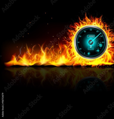 Speedometer in fire on black background