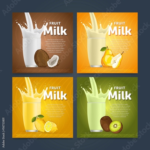 Banners of fruit milkshake dessert cocktail glass fresh drink in cartoon vector illustration