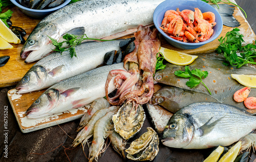 Fresh seafood on  wooden table