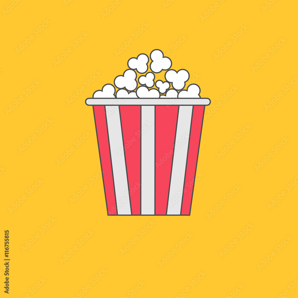 Popcorn box. Cinema movie line icon in flat design style. Yellow background.