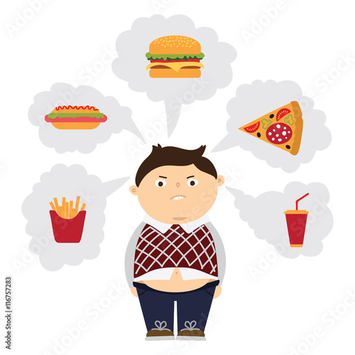 Angry chubby kid dreaming of fastfood. Boy with overweight. Isolated cartoon character. Wish in clouds.