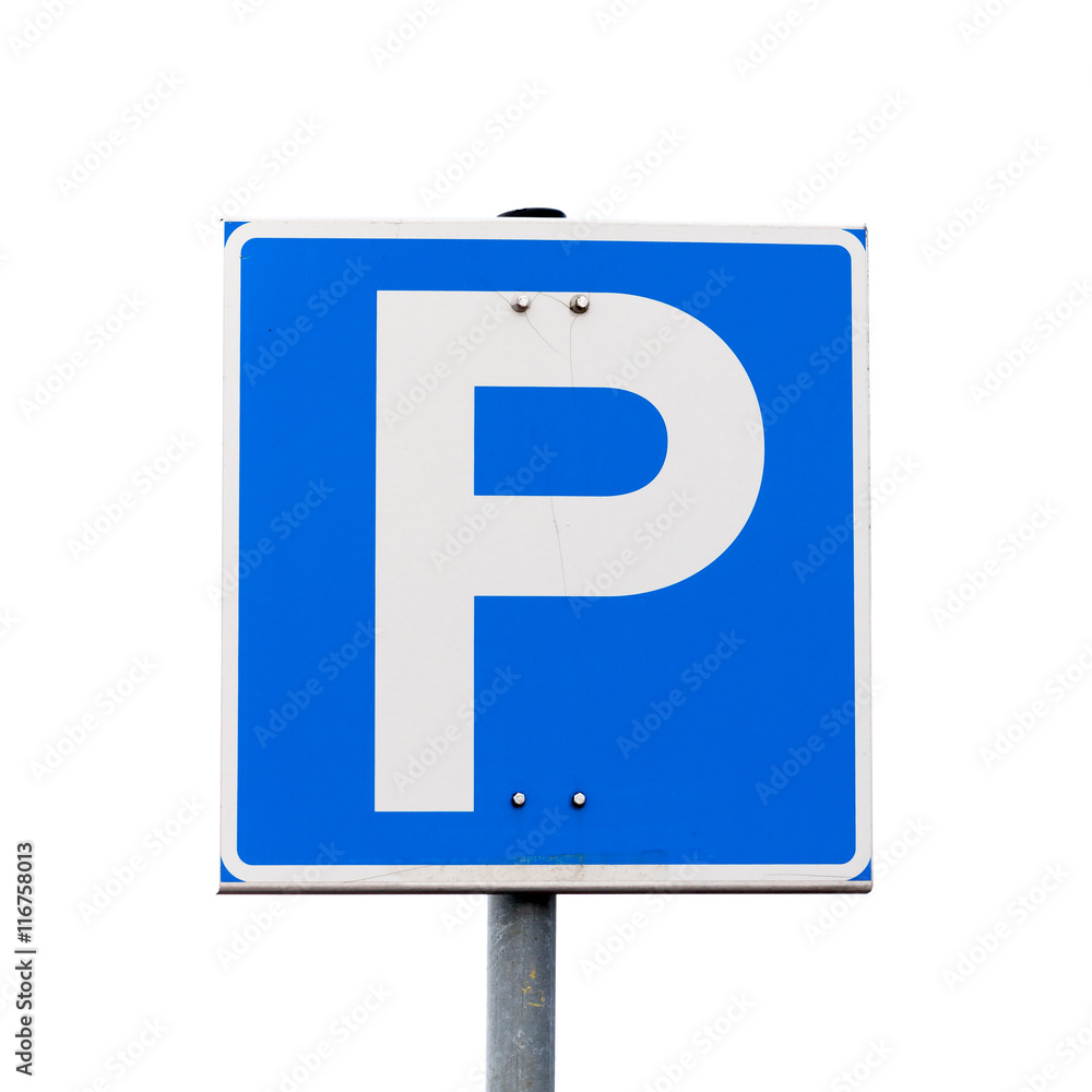 Blue square parking road sign isolated on white