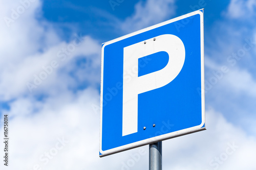Blue square parking road sign