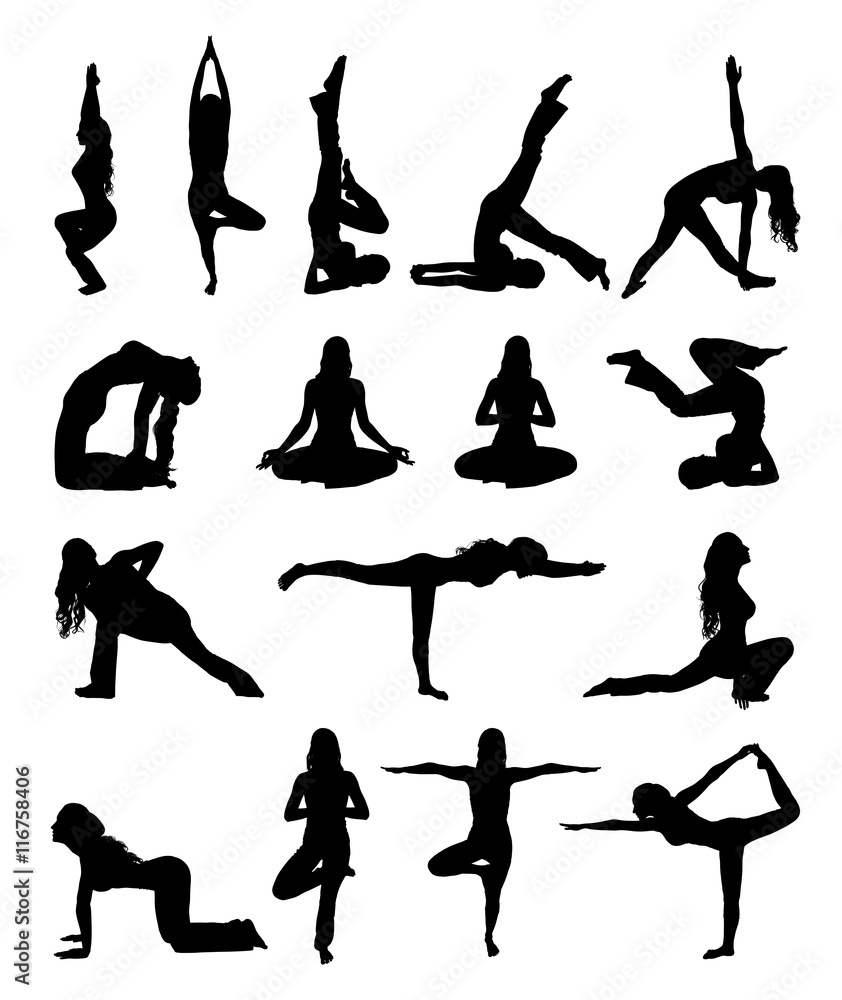 set of sihouette woman doing yoga exercise isolated on white set of sihouette woman doing yoga exercise isolated on white