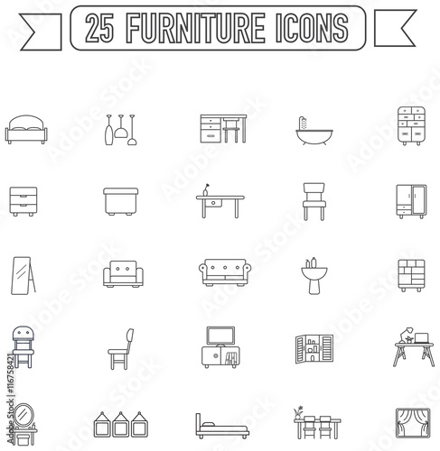 Flat line silhouette furniture and home appliance interior graphic sign and symbol icon collection set, create by vector 