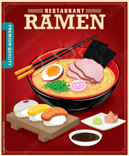 Vintage Ramen poster design. Chinese word means sushi. photo