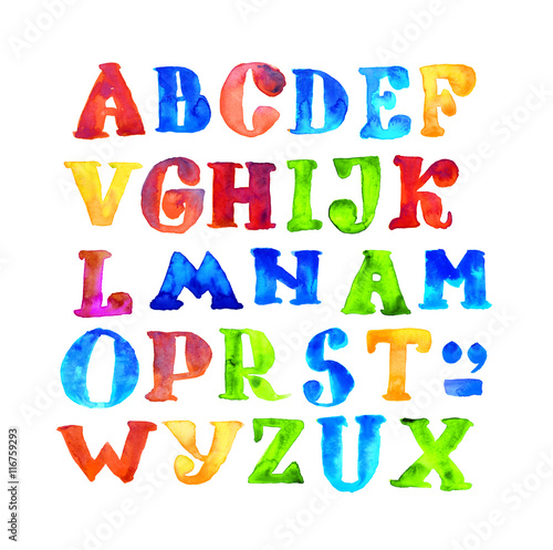 handmade kid watercolor alphabet. paint grunge color letters. child bright ABC 