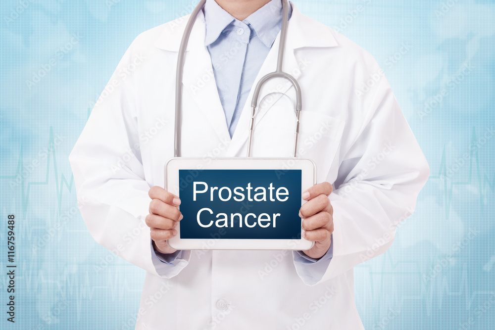Doctor holding a tablet pc with prostate cancer sign on the display Doctor holding a tablet pc with prostate cancer sign on the display