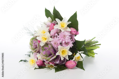 Daffodil  chrysanthemum  tulips and brassica flowers bouquet