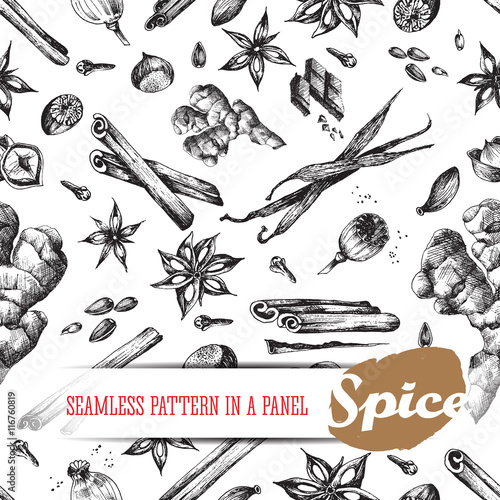 Flavour spices sketch food seamless pattern. Vector isolated elements: cinnamon, clove, cardamom, sunflower, poppy, seed, anise, vanilla, ginger, hazelnut, nutmeg. Tasty smells and aroma.