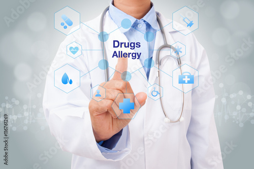Doctor hand touching drugs allergy sign on virtual screen. medical concept