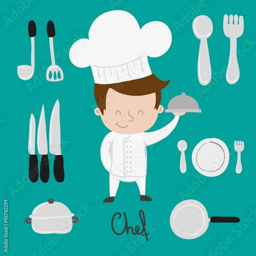 Chef and kitchen elements cartoon