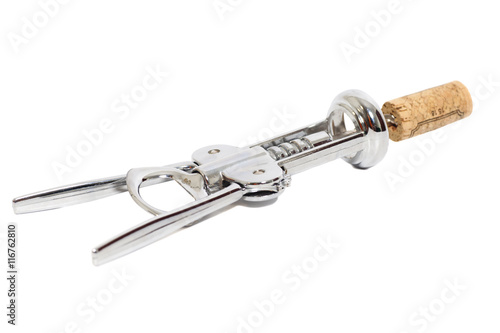 Corkscrew for wine and cork isolated on a white background