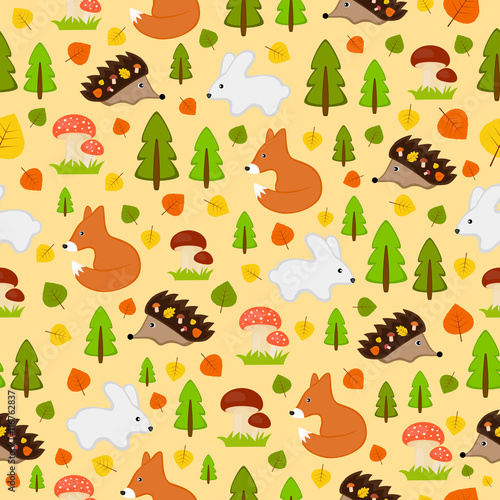 seamless texture autumnal forest with animals