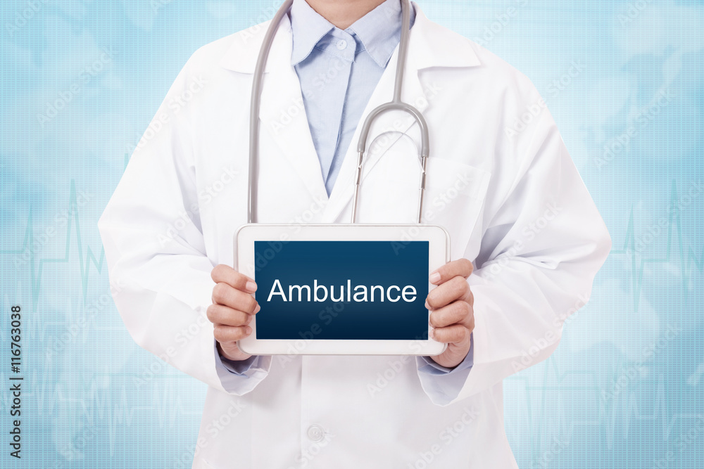 Doctor holding a tablet pc with ambulance sign on the display. Doctor holding a tablet pc with ambulance sign on the display.