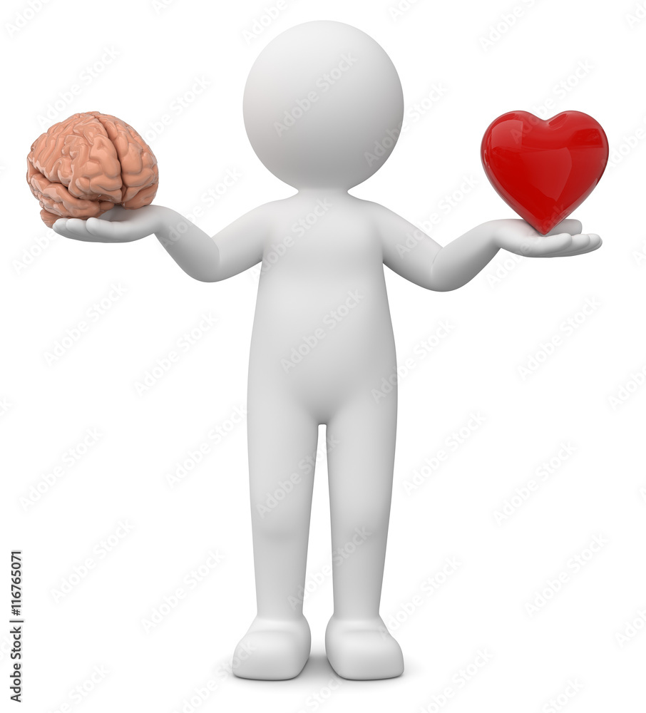 3d Männchen bei einer schwierigen Entscheidung, Kopf oder Bauchgefühl