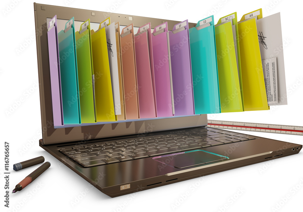 file in database - laptop with folders, 3d rendering - obrazy, fototapety, plakaty 