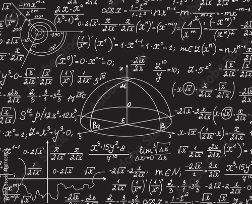 Mathematical vector seamless pattern with geometrical figures, formulas, equations, handwritten on a grey blackboard