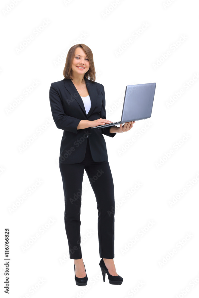 Beautiful businesswoman keeps the laptop. Beautiful businesswoman keeps the laptop.