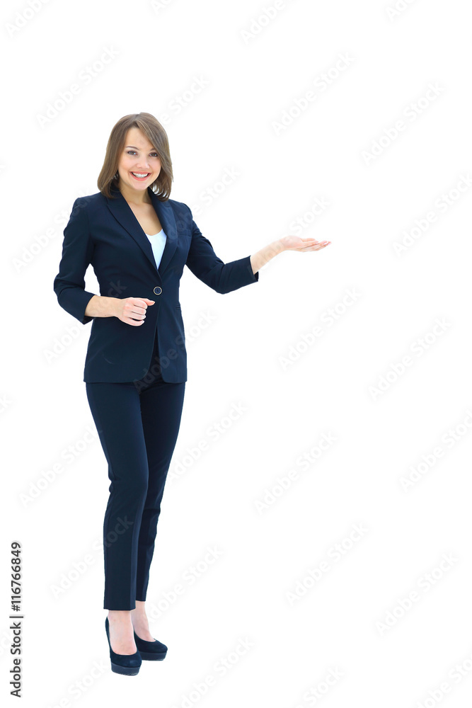 Happy young beautiful business woman showing blank area for sig Happy young beautiful business woman showing blank area for sig