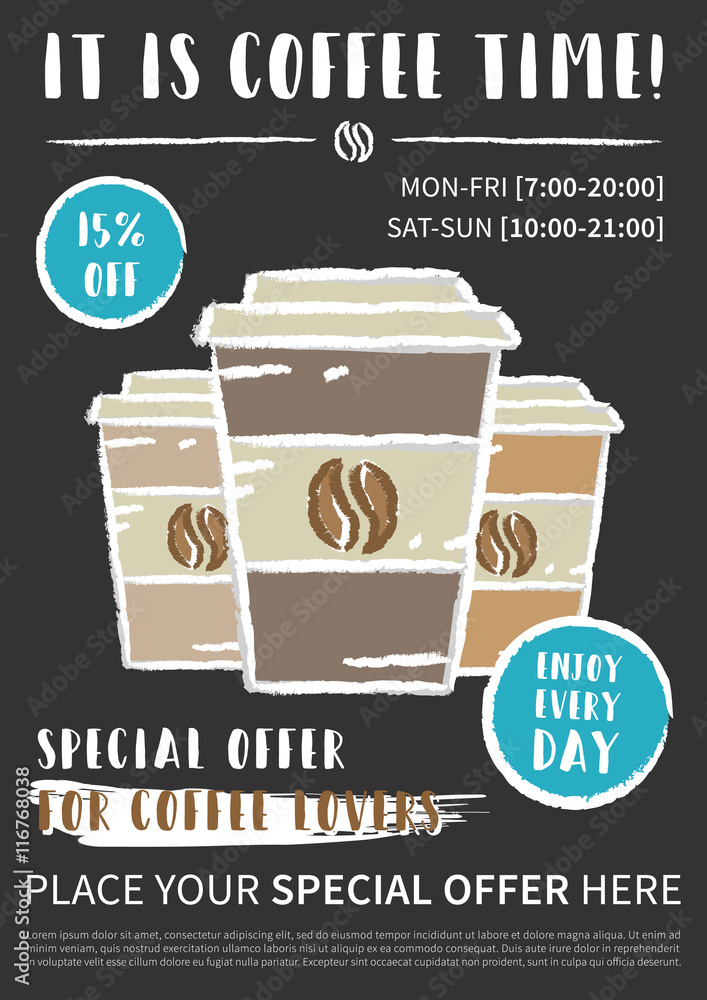 Coffee shop vector template. Special offer for cafe creative concept.  Advertising banner for coffee store, restaurant. Coffee poster with sample  text. Cafe banner A4 size, ready to print. Stock Vector | Adobe
