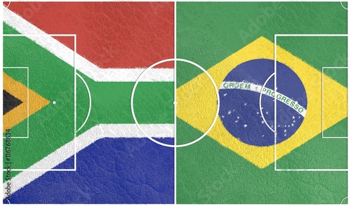 Flags of countries participating to the football tournament. Football field textured by South Africa and Brazil national flags.3D rendering