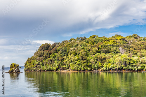 Patterson Inlet, Stewart Island, with trees reflected in the water
