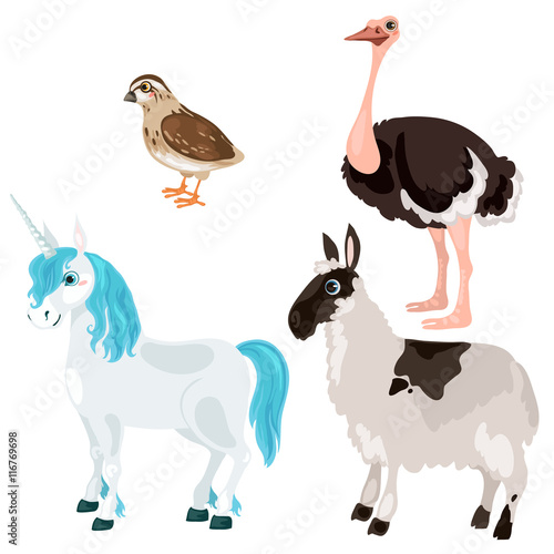 Unicorn, ostrich, deer and little bird, vector © Lady-Luck