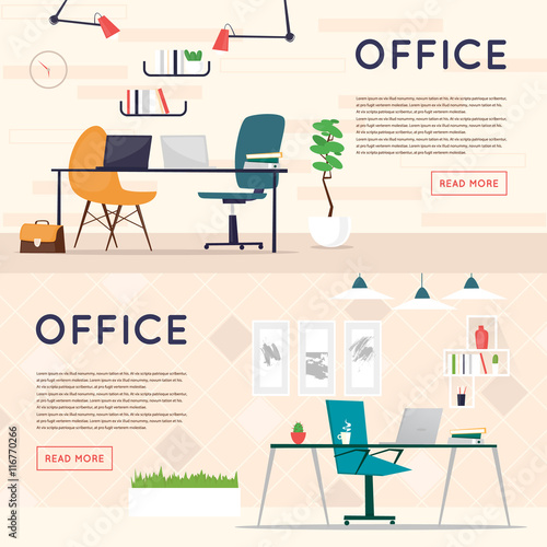 Office interior with designer desktop  business workspace in the office. Workplace. Flat design vector illustration. Banners.