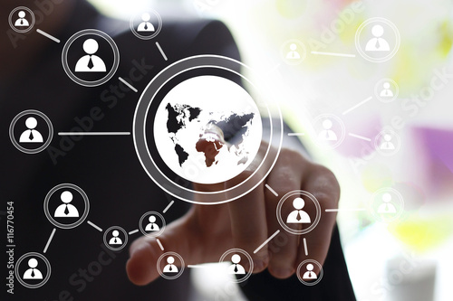 Businessman touch interface button web map network
