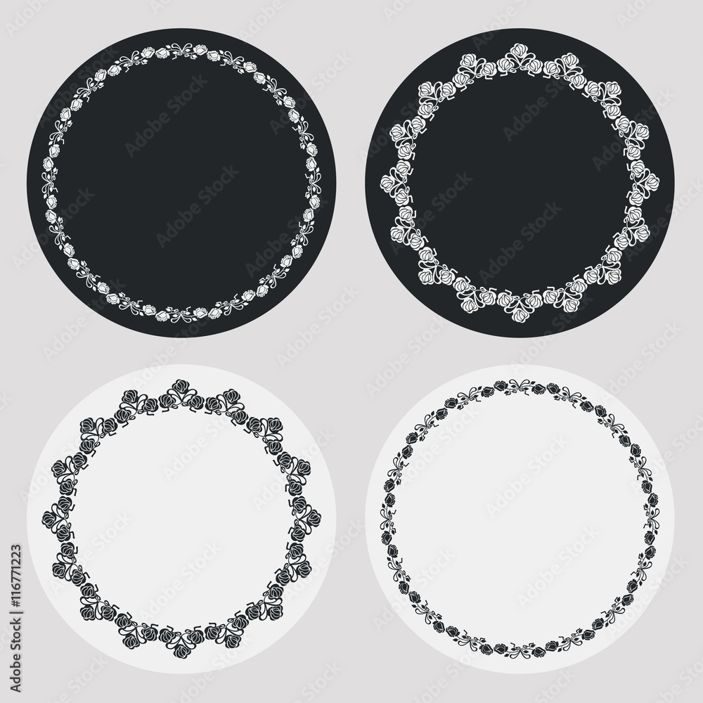 Set of silhouette round frames with roses. Design elements for graphic backgrounds. Vector clip art.