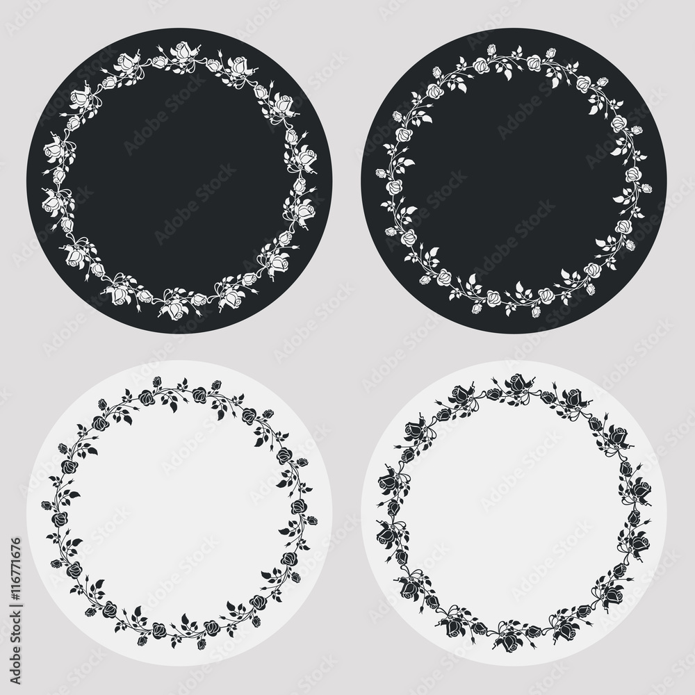 Set of silhouette round frames with roses. Design elements for graphic backgrounds. Vector clip art. Set of silhouette round frames with roses. Design elements for graphic backgrounds. Vector clip art.