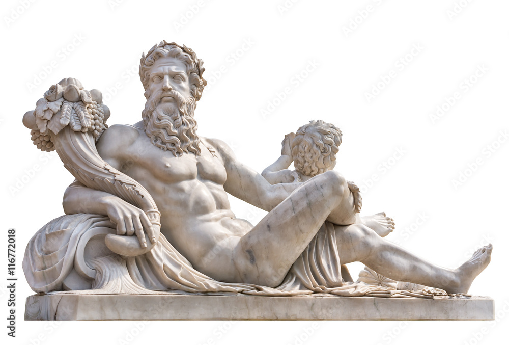 Obraz premium Marmurowy posąg greckiego boga z róg obfitości w jego rękach.