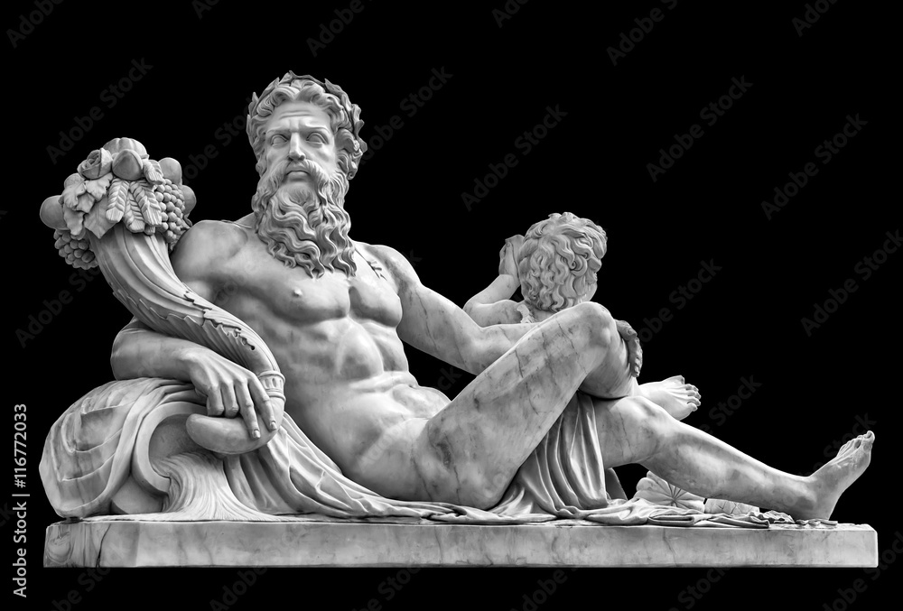 Naklejka premium Marmurowy posąg greckiego boga z rogiem obfitości w dłoniach.