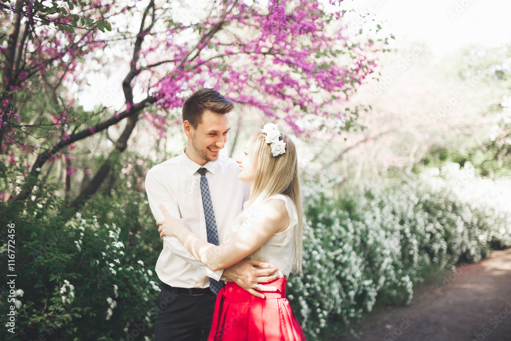 Young beautiful couple kissing and hugging near trees with blossom in summer park Young beautiful couple kissing and hugging near trees with blossom in summer park