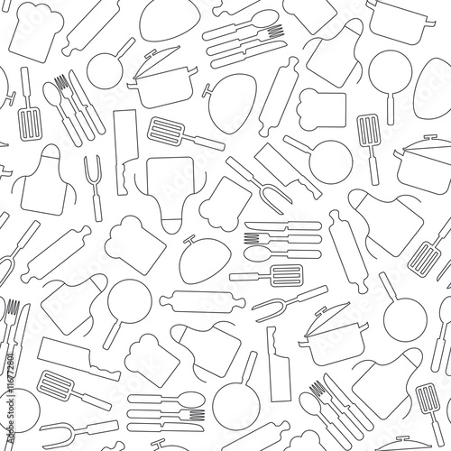 Cooking seamless pattern. Kitchen utensils vector.