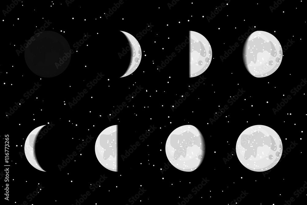 Fototapeta premium Vector lunar phases icons on starry dark background