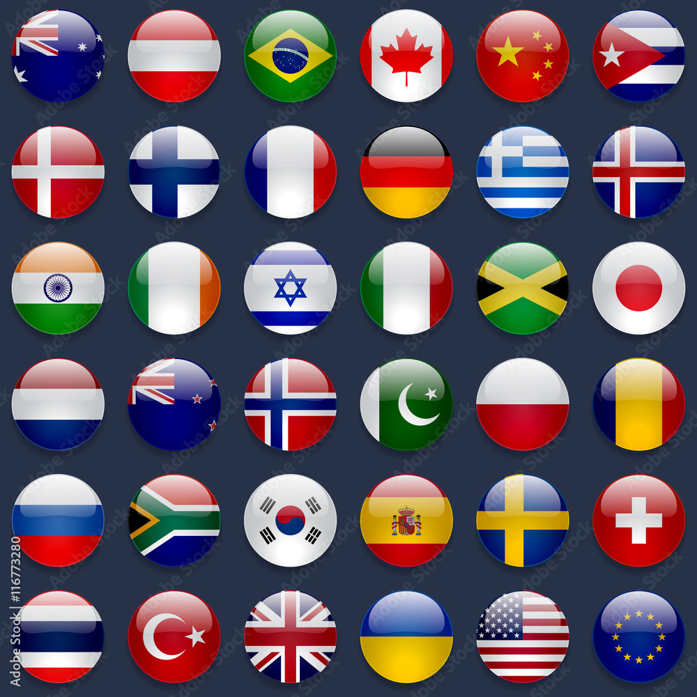 World flags vector collection. 36 high quality round glossy icons. Correct color scheme. Perfect for dark backgrounds. World flags vector collection. 36 high quality round glossy icons. Correct color scheme. Perfect for dark backgrounds.