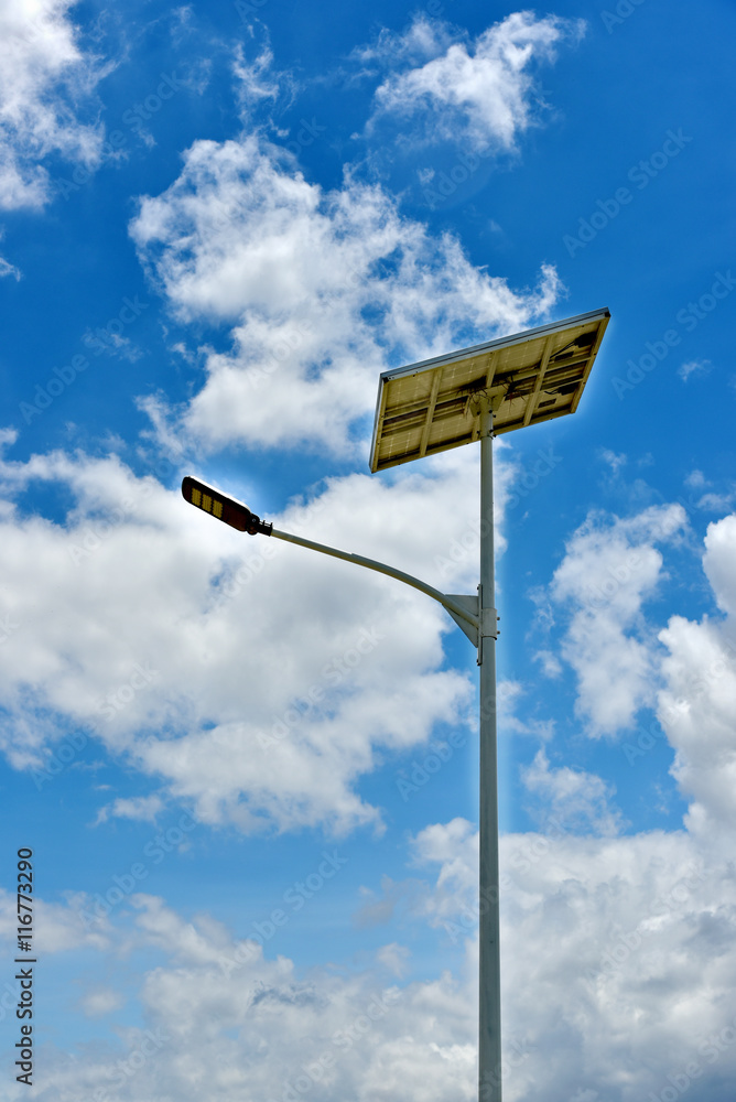 Street lights that use solar cells with blue sky Street lights that use solar cells with blue sky